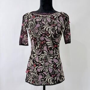 ANAC by Kimmy Y2K Micro Mesh Top‎ Size M Brown Floral Polka Dots Fairy Grunge